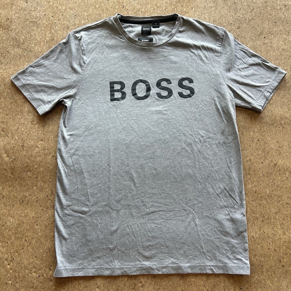 BOSS Hugo Boss Grey Logo T-Shirt Men's Medium BIONIC Crew Neck Short Sleeve